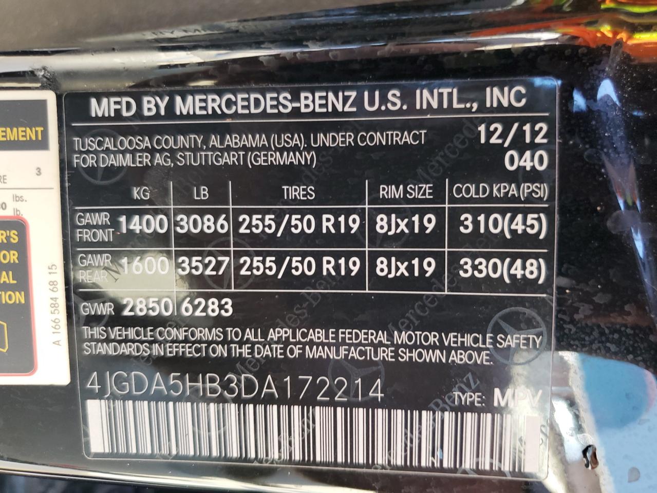 2013 Mercedes-Benz Ml 350 4Matic VIN: 4JGDA5HB3DA172214 Lot: 44029375