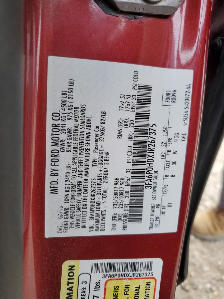 2018 Ford Fusion Se VIN: 3FA6P0HDXJR267375 Lot: 44459665