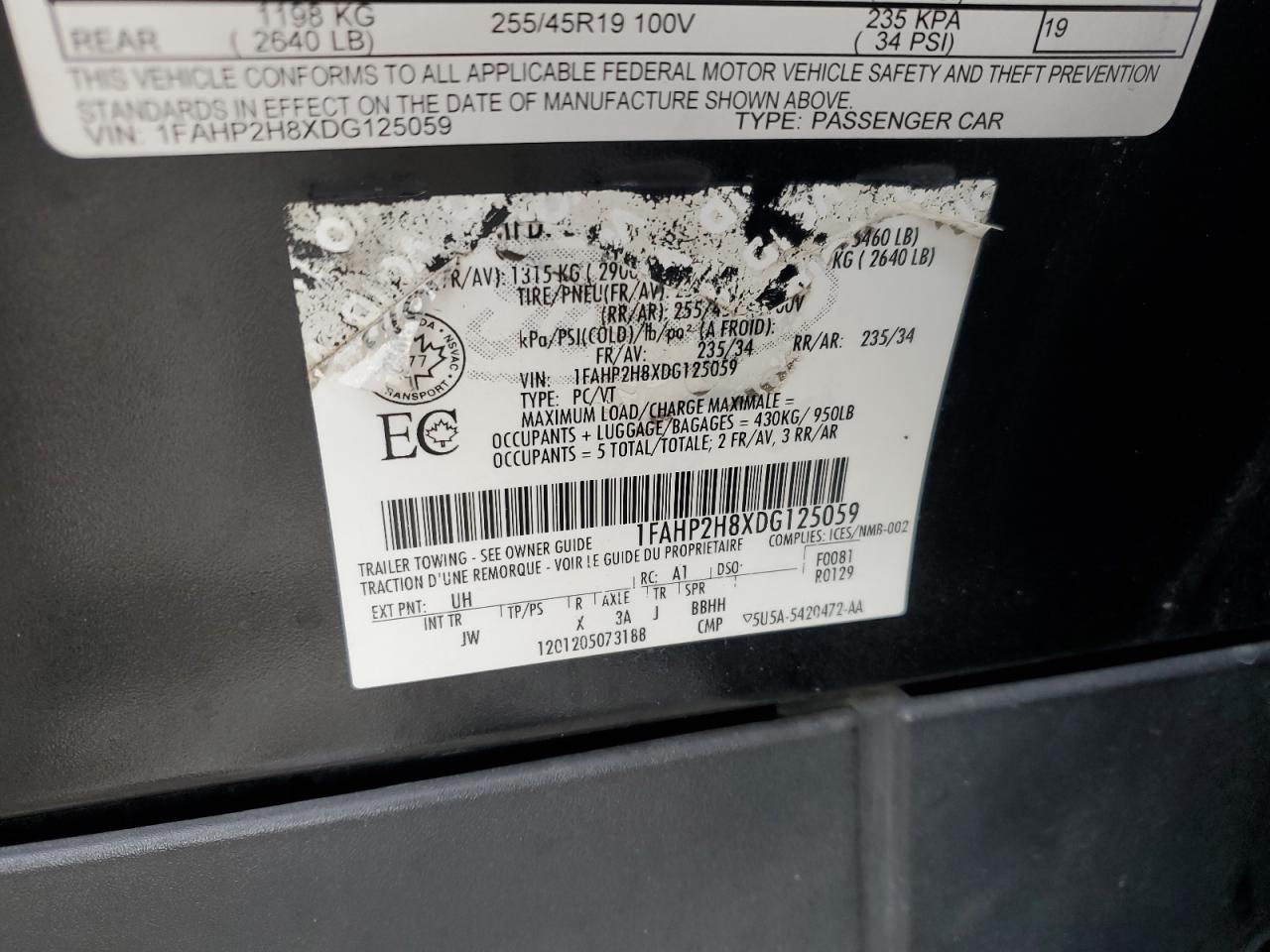 2013 Ford Taurus Sel VIN: 1FAHP2H8XDG125059 Lot: 45927425