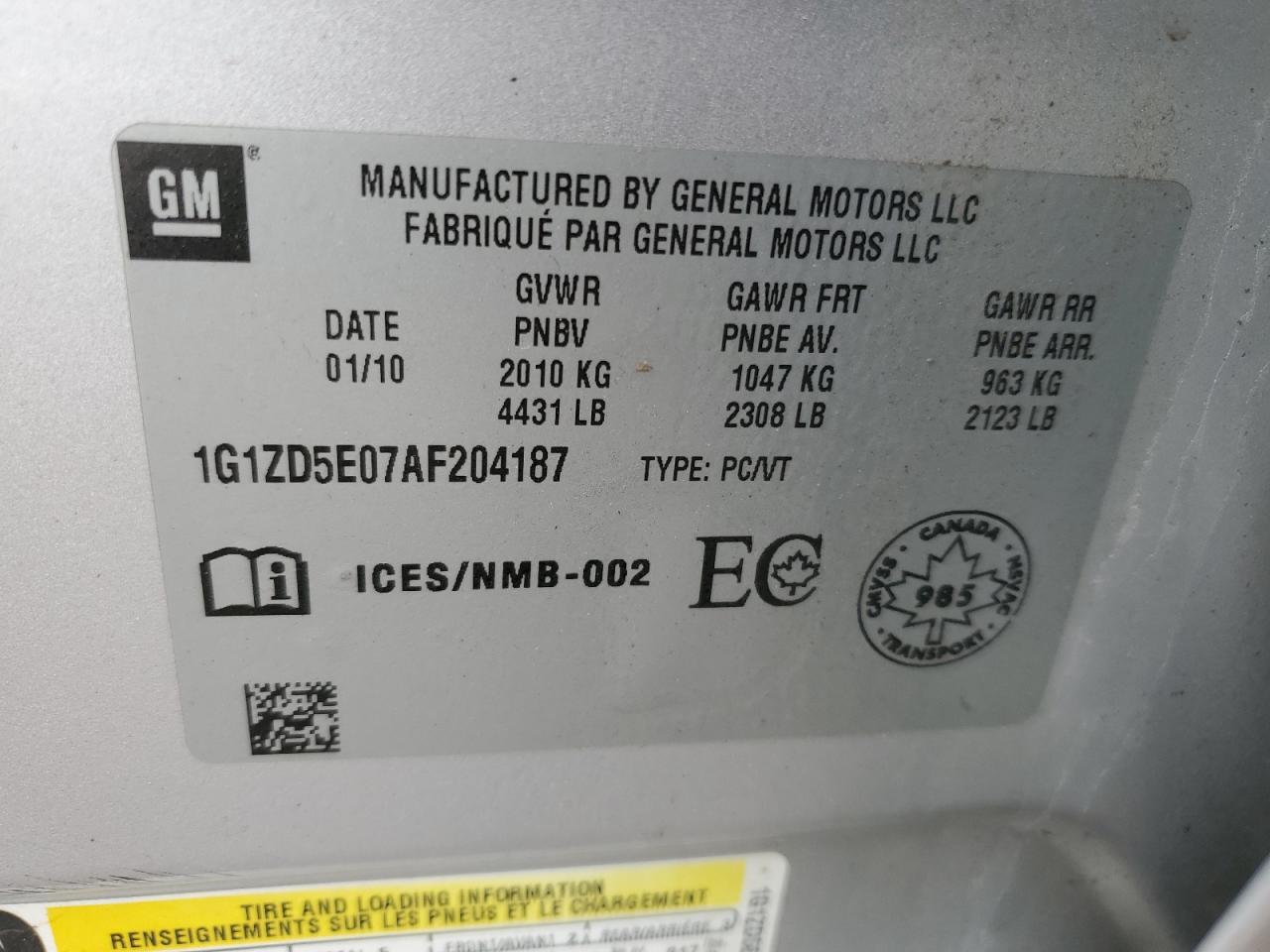 2010 Chevrolet Malibu 2Lt VIN: 1G1ZD5E07AF204187 Lot: 47130075