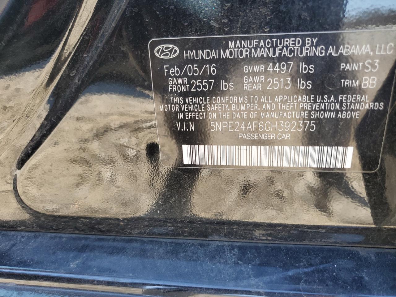 2016 Hyundai Sonata Se VIN: 5NPE24AF6GH392375 Lot: 46151775