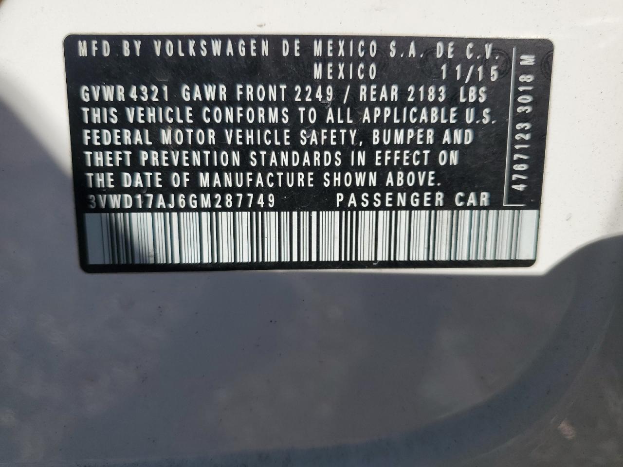 2016 Volkswagen Jetta Sport VIN: 3VWD17AJ6M287749 Lot: 47063475