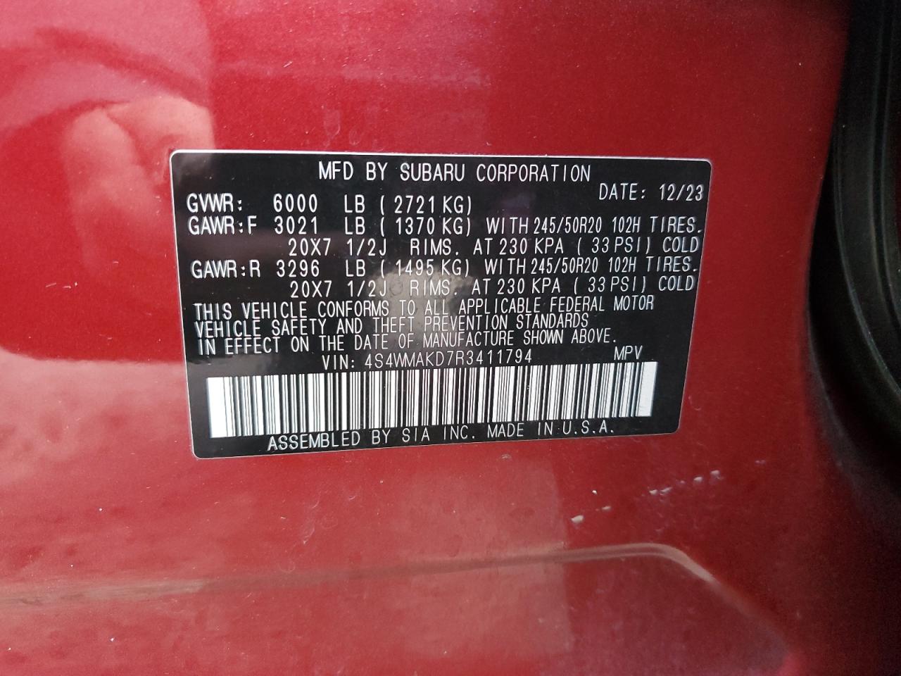 2024 Subaru Ascent Onyx Edition VIN: 4S4WMAKD7R3411794 Lot: 82545834