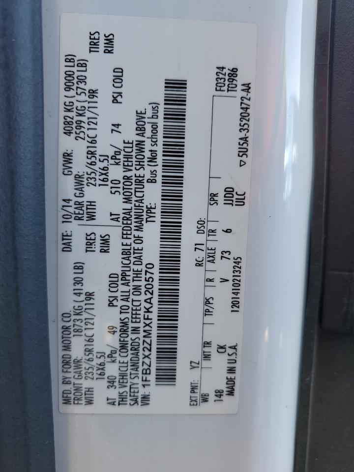 2015 Ford Transit T-350 VIN: 1FBZX2ZMXFKA20570 Lot: 45648275