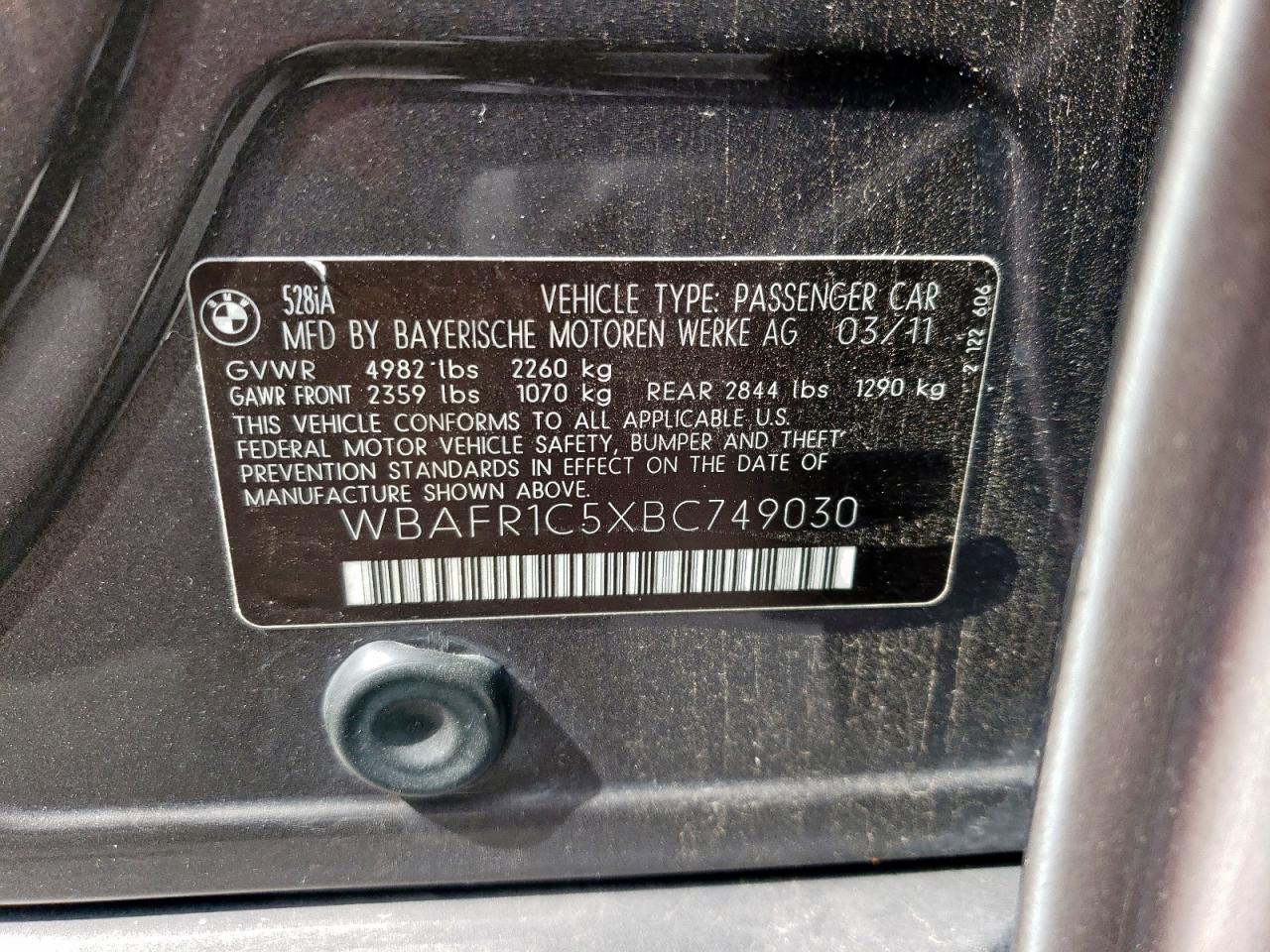 2011 BMW 528 I VIN: WBAFR1C5XBC749030 Lot: 47260895