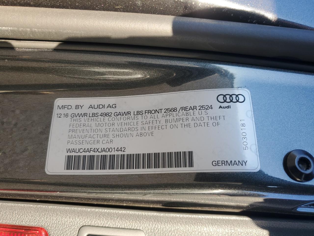 2018 Audi S4 Prestige VIN: WAUC4AF4XJA001442 Lot: 44804865