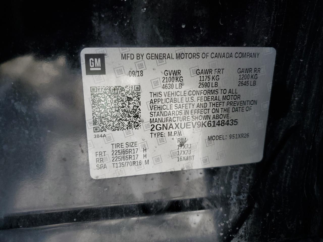 2GNAXUEV9K6148435 CHEVROLET EQUINOX 2019