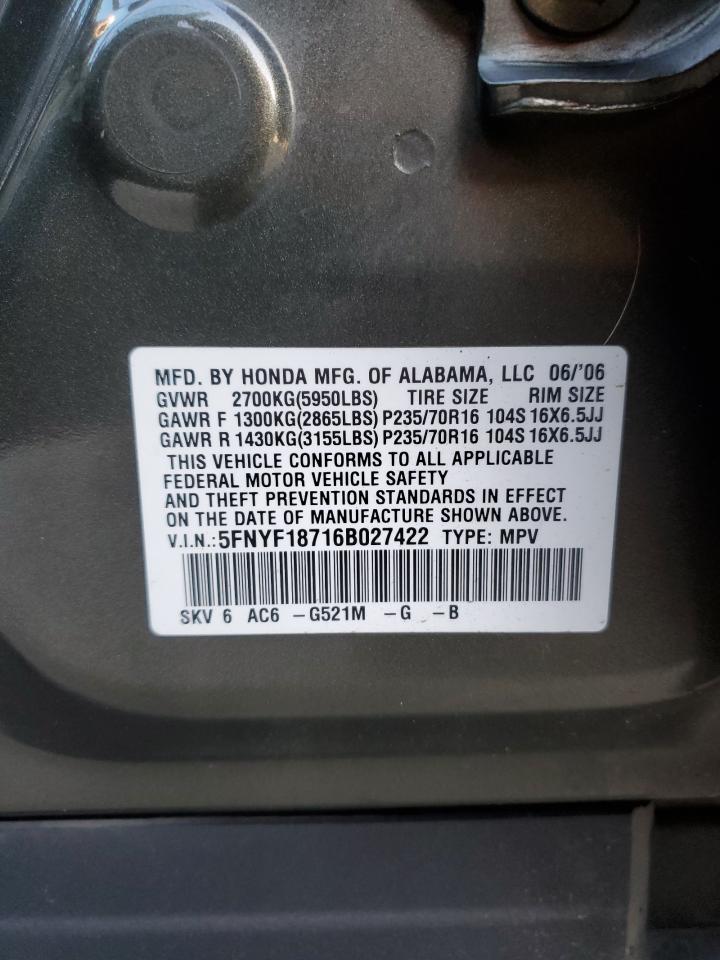 2006 Honda Pilot Ex VIN: 5FNYF18716B027422 Lot: 44616135