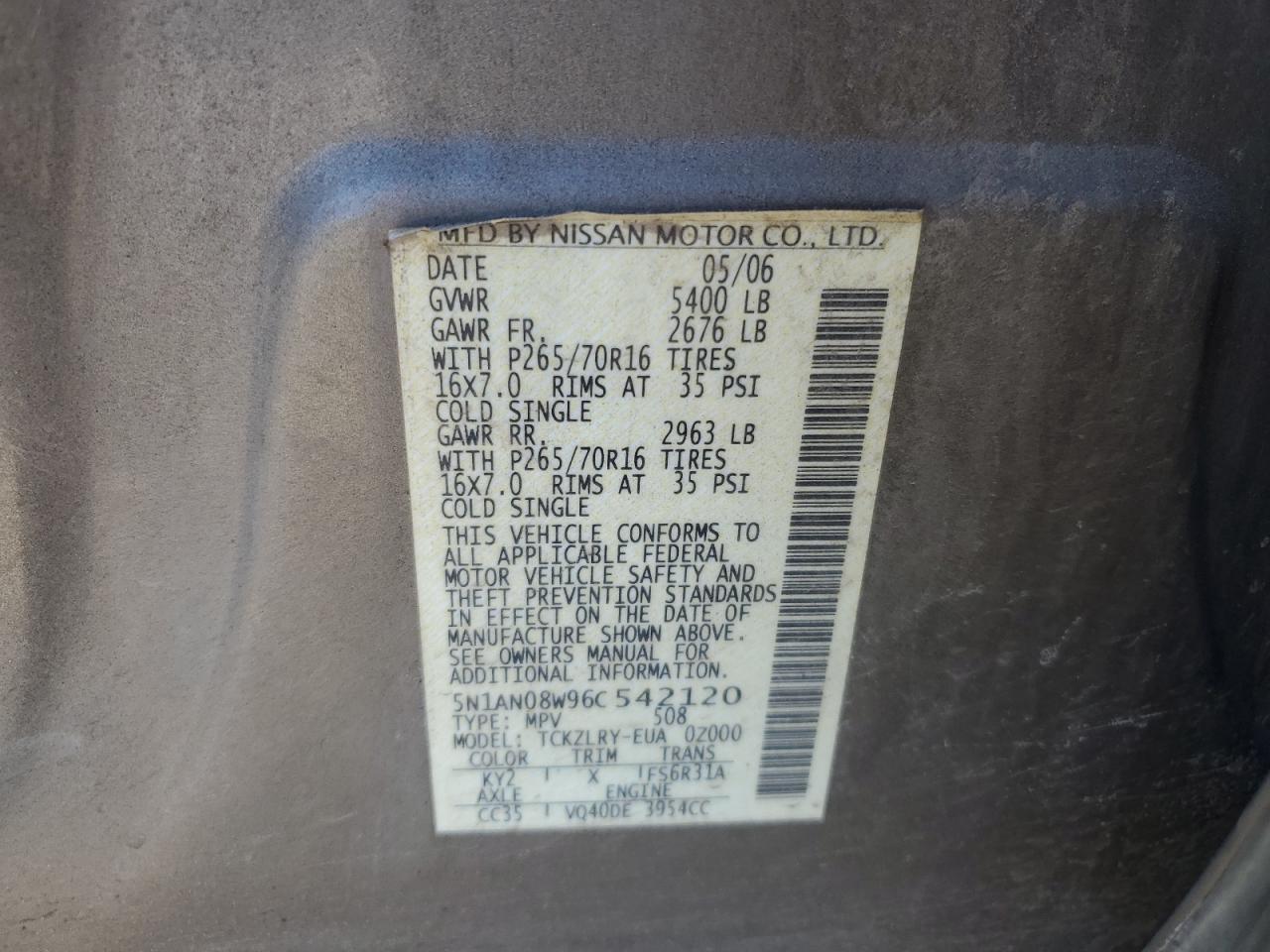 2006 Nissan Xterra Off Road VIN: 5N1AN08W25C641053 Lot: 43558195