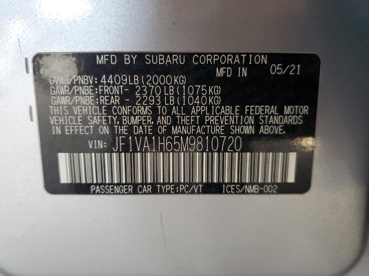 2021 Subaru Wrx Limited VIN: JF1VA1H65M9810720 Lot: 47610265