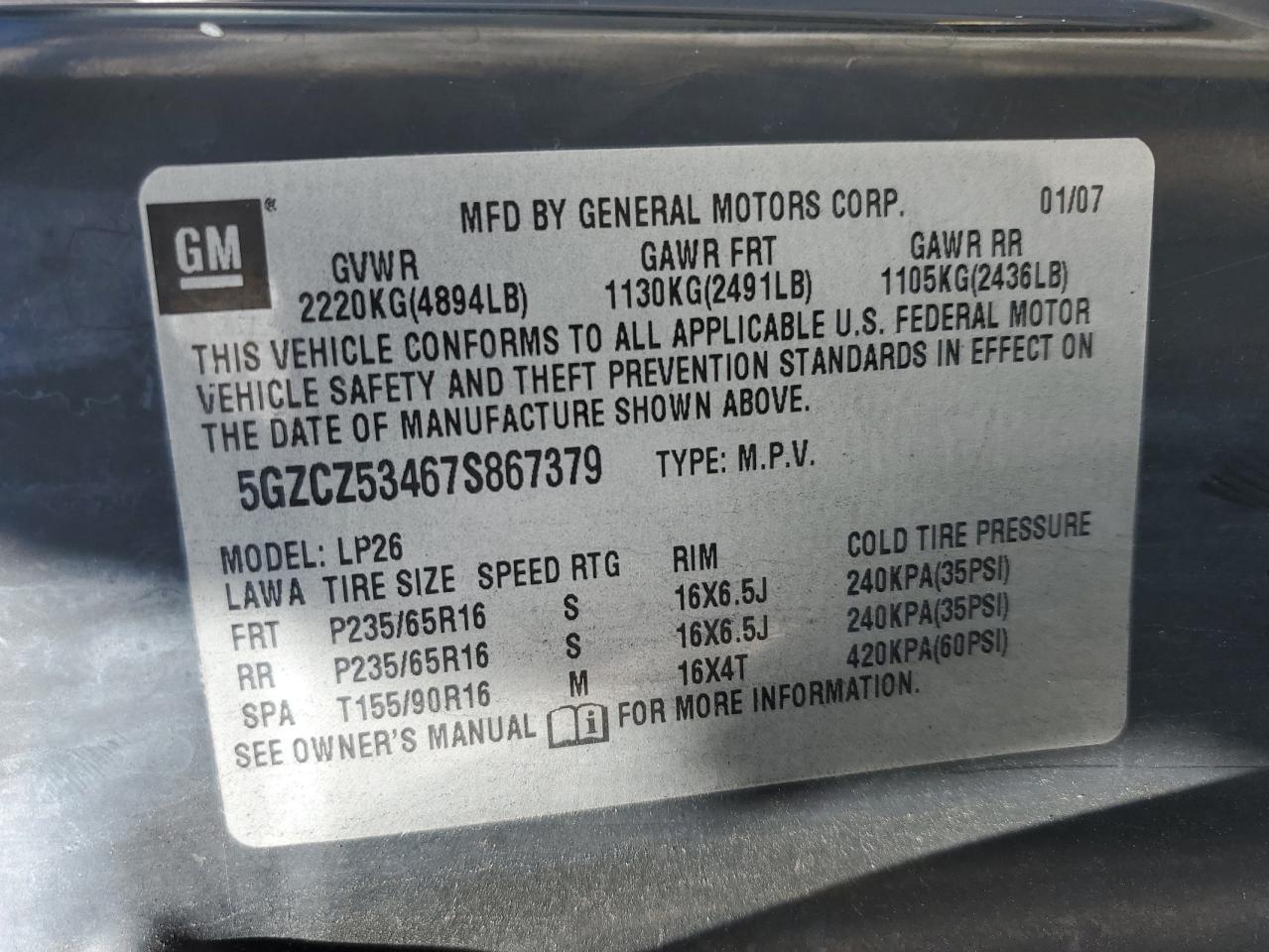 2007 Saturn Vue VIN: 5GZCZ53467S867379 Lot: 45383855