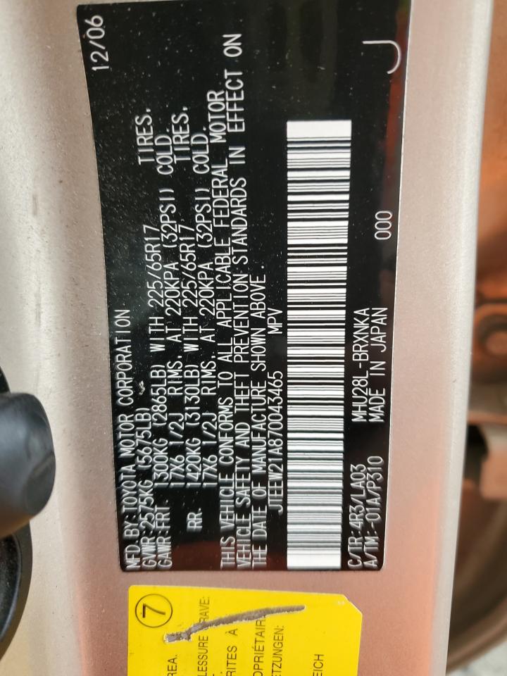 2007 Toyota Highlander Hybrid VIN: JTEEW21A870043465 Lot: 45380745