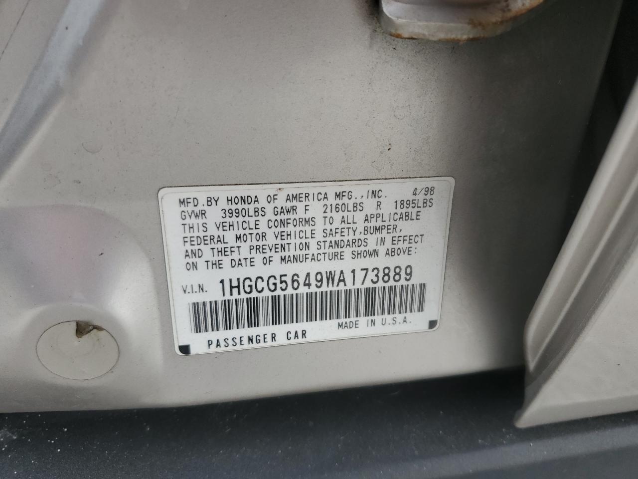 1998 Honda Accord Lx VIN: 1HGCG5649WA173889 Lot: 45975885