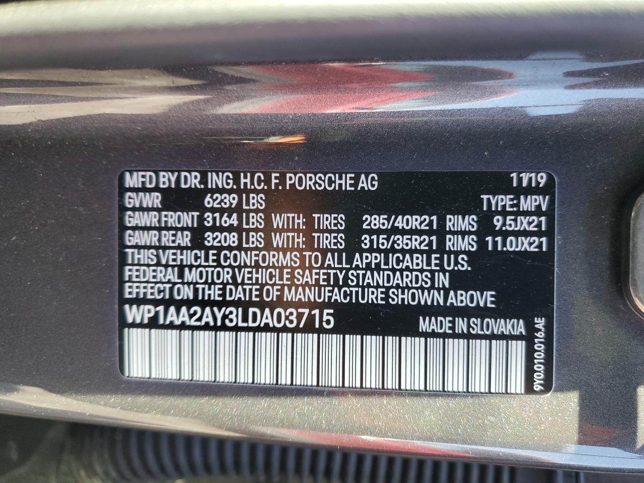2020 Porsche Cayenne VIN: WP1AA2AY3LDA03715 Lot: 46690475