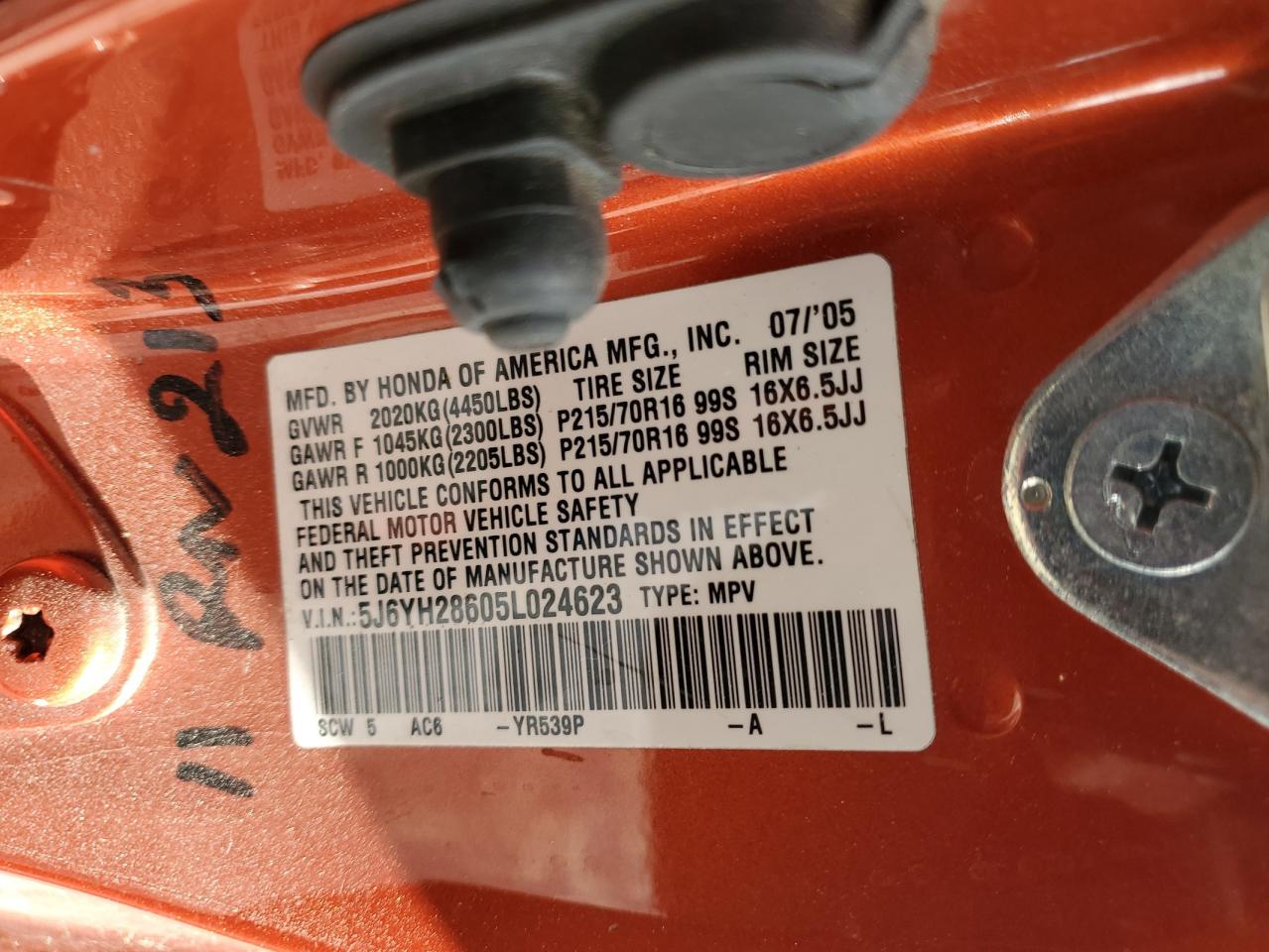 2005 Honda Element Ex VIN: 5J6YH28605L024623 Lot: 44600075