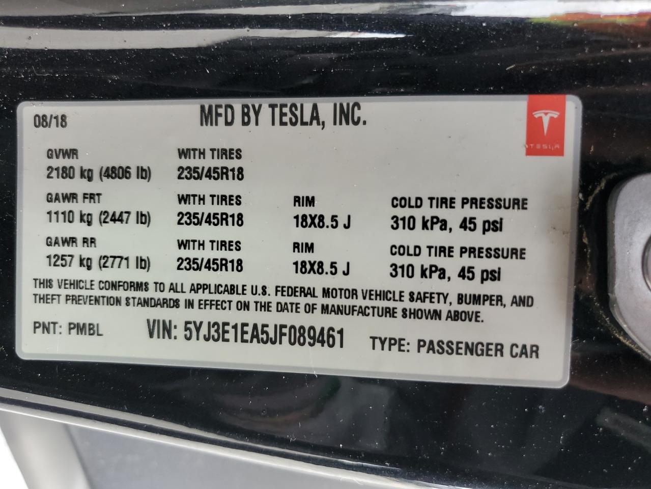 2018 Tesla Model 3 VIN: 5YJ3E1EA5JF089461 Lot: 57501465