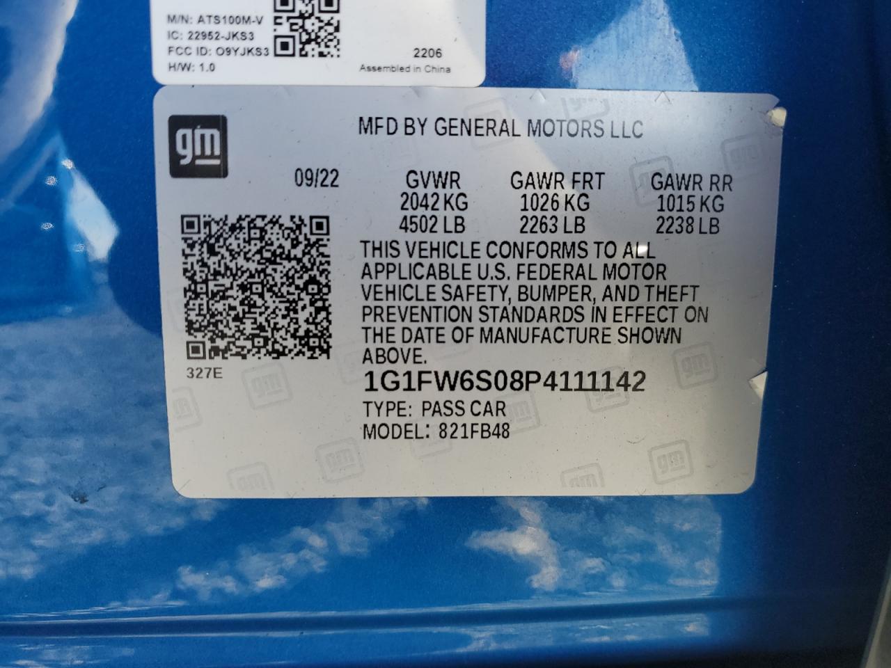 2023 Chevrolet Bolt Ev 1Lt VIN: 1G1FW6S08P4111142 Lot: 46460655