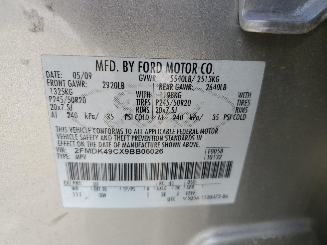 2009 Ford Edge Limited VIN: 2FMDK49CX9BB06026 Lot: 46920155
