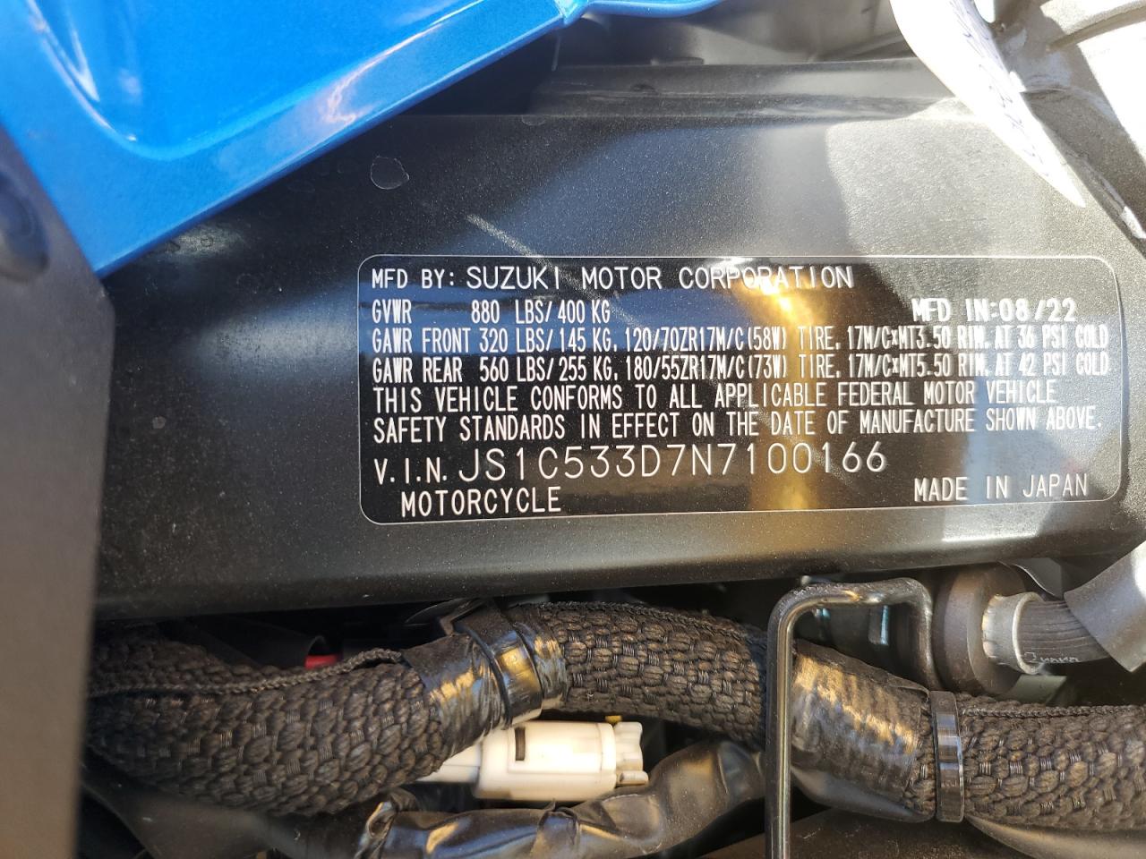 2022 Suzuki Gsx-S750 M VIN: JS1C533D7N7100166 Lot: 46945405