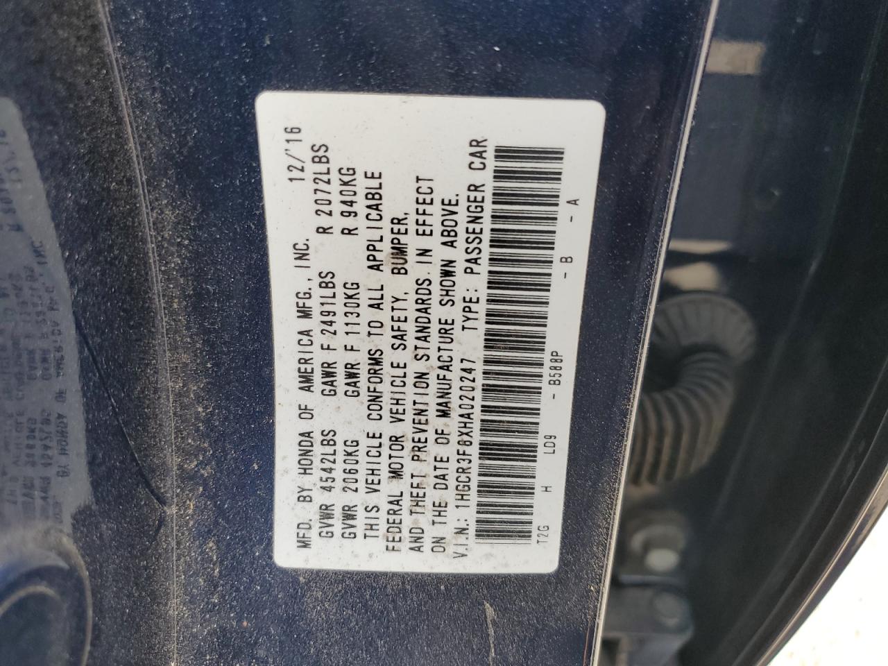 2017 Honda Accord Exl VIN: 1HGCR3F8XHA020247 Lot: 42597515