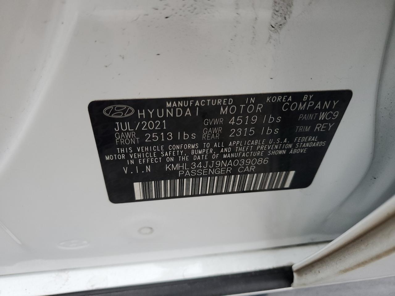 2022 Hyundai Sonata Hybrid VIN: KMHL34JJ9NA039086 Lot: 44275465