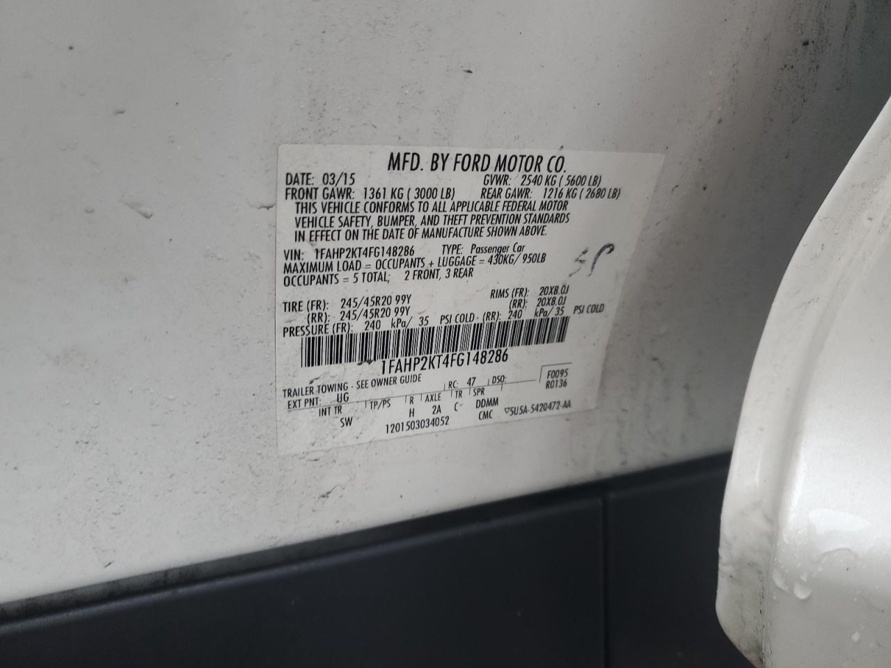 2015 Ford Taurus Sho VIN: 1FAHP2KT4FG148286 Lot: 46780525