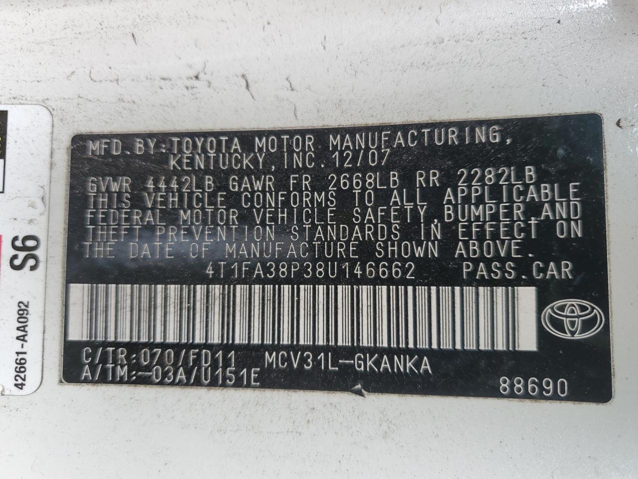 2008 Toyota Camry Solara Se VIN: 4T1FA38P38U146662 Lot: 44971605
