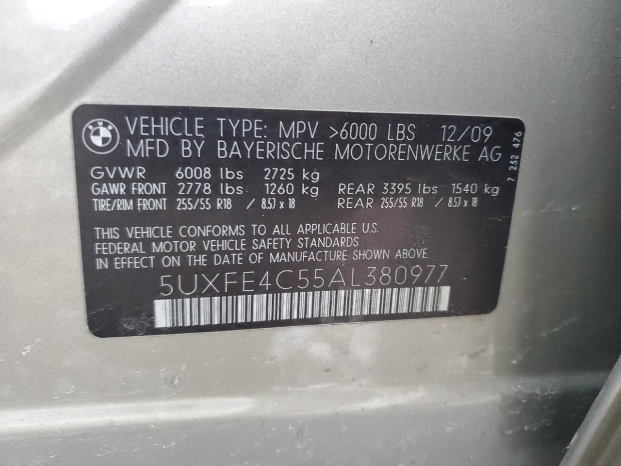 2010 BMW X5 xDrive30I VIN: 5UXFE4C55AL380977 Lot: 43904825