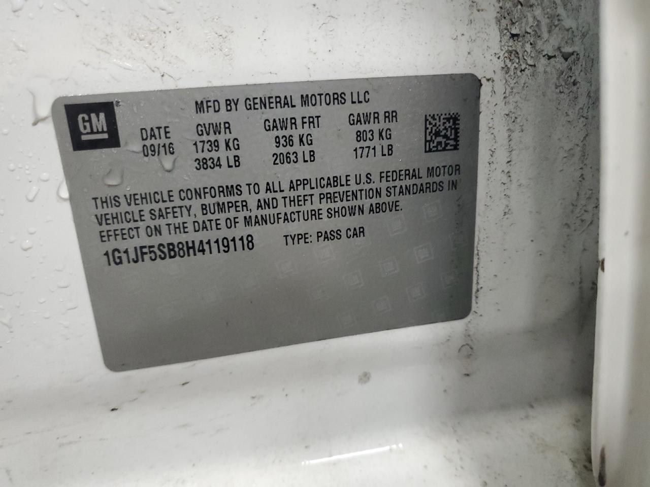 VIN: 1G1JF5SB8H4119118 2017 CHEVROLET SONIC