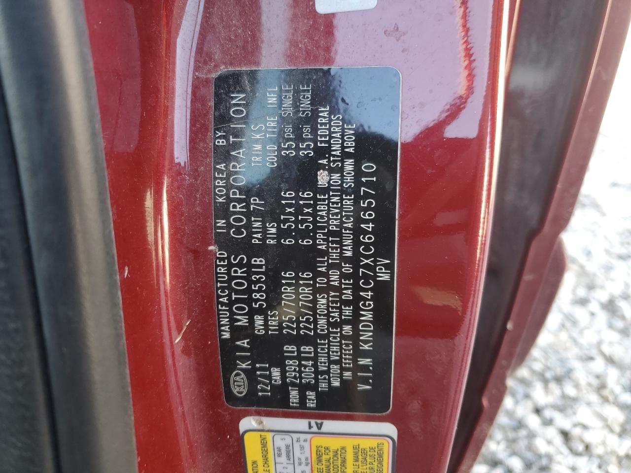 2012 Kia Sedona Lx VIN: KNDMG4C7XC6465710 Lot: 46810955