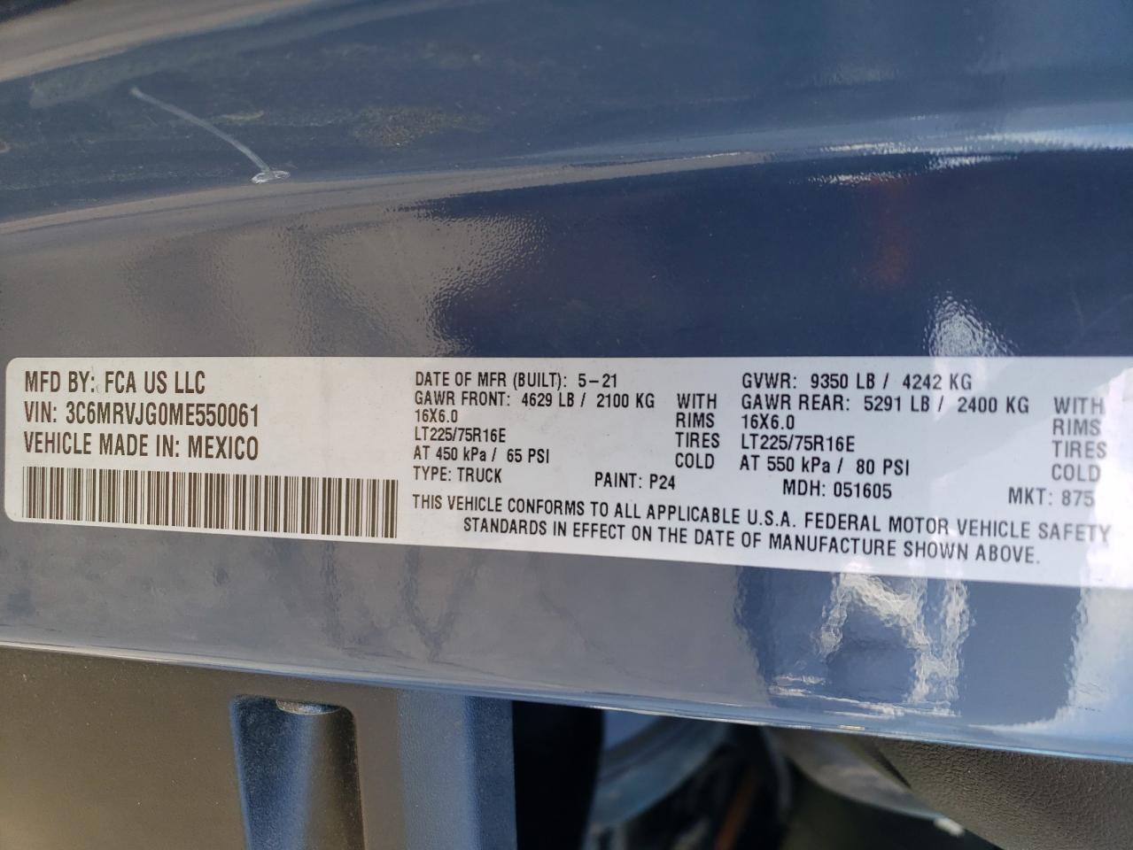 2021 Ram Promaster 3500 3500 High VIN: 3C6MRVJG0ME550061 Lot: 45387625