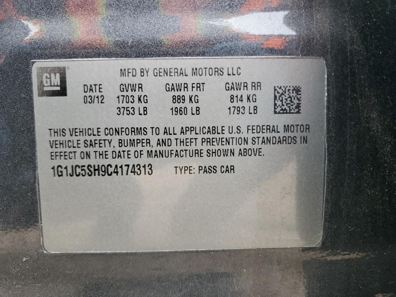 2012 Chevrolet Sonic Lt VIN: 1G1JC5SH9C4174313 Lot: 63853545