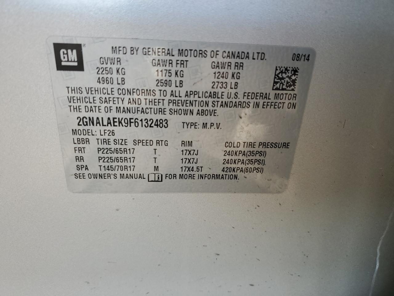 2015 Chevrolet Equinox Ls VIN: 2GNALAEK9F6132483 Lot: 53249235