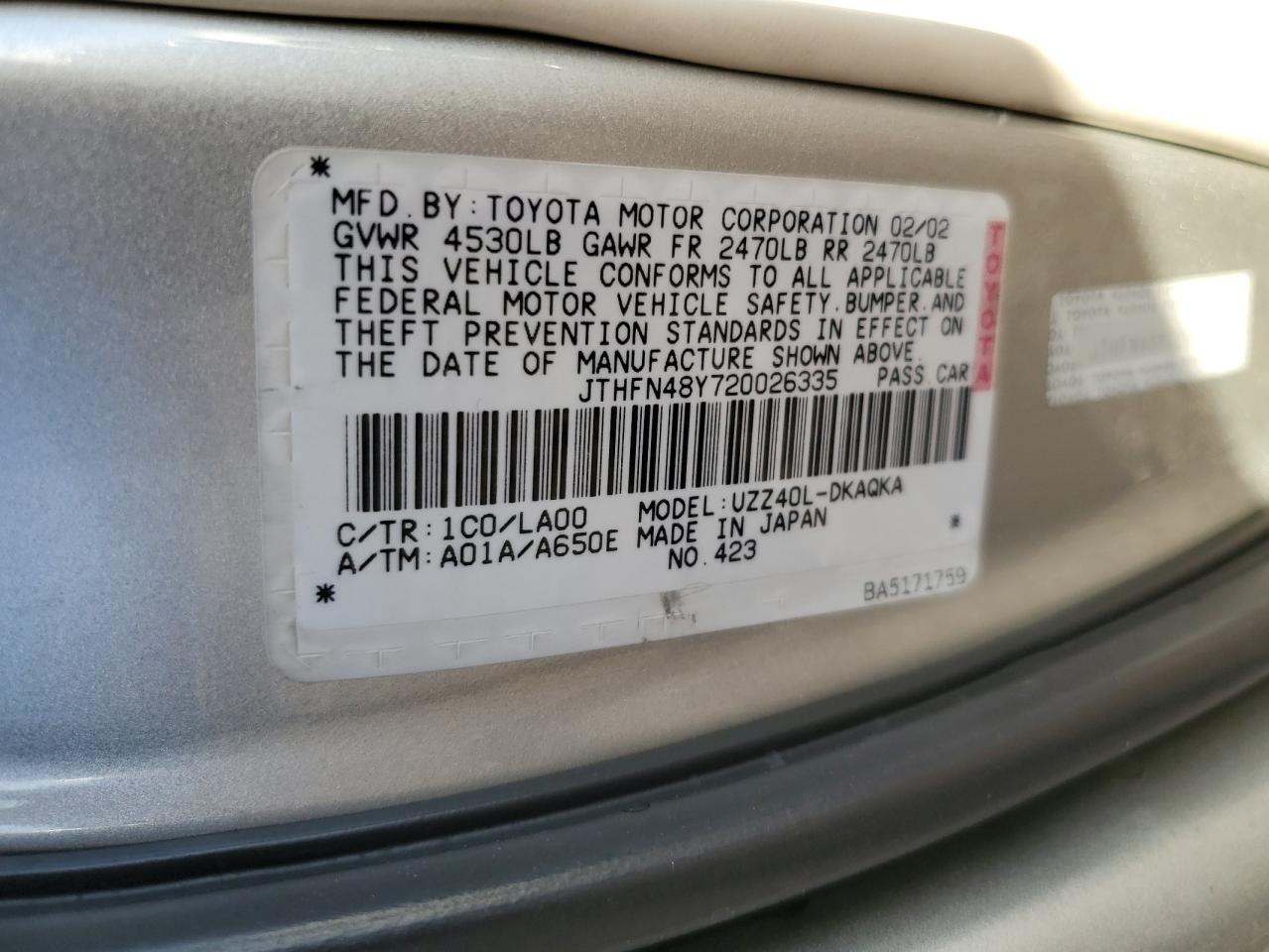 2002 Lexus Sc 430 VIN: JTHFN48Y720026335 Lot: 46193225