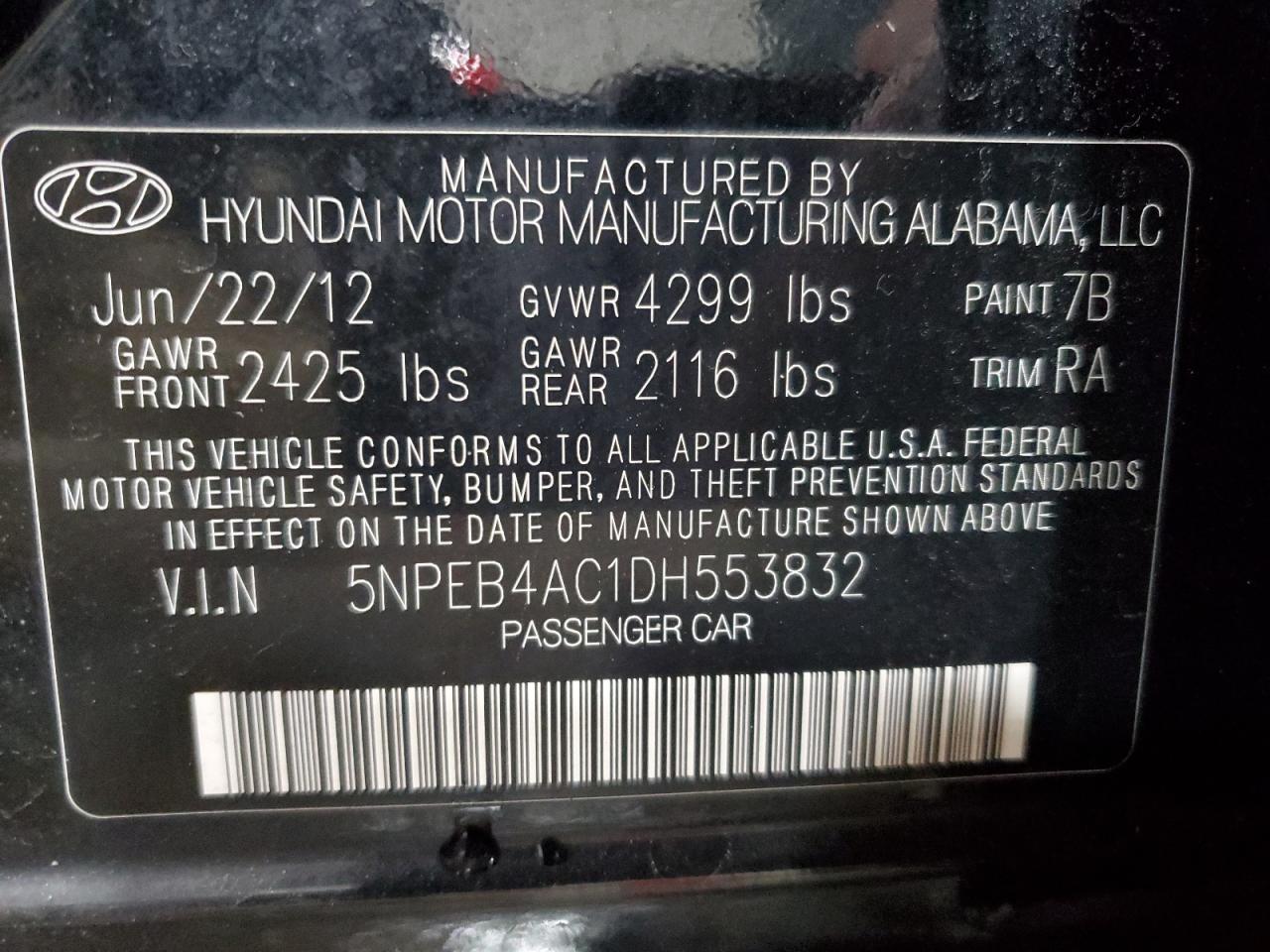 2013 Hyundai Sonata Gls VIN: 5NPEB4AC1DH553832 Lot: 45674935