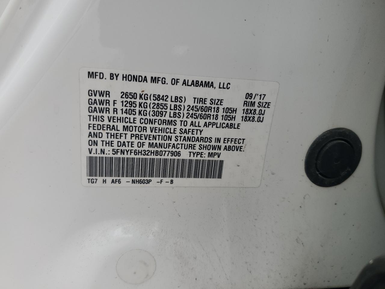 2017 Honda Pilot Ex VIN: 5FNYF6H32HB077906 Lot: 44030575