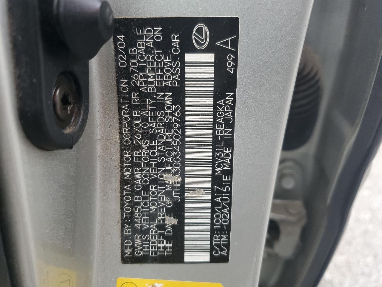 2004 Lexus Es 330 VIN: JTHBA30G345029763 Lot: 45310185