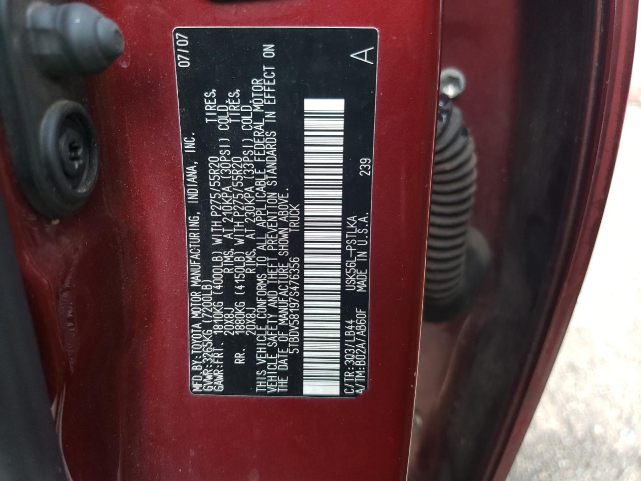 2007 Toyota Tundra Crewmax Limited VIN: 5TBDV58197S476356 Lot: 43782225