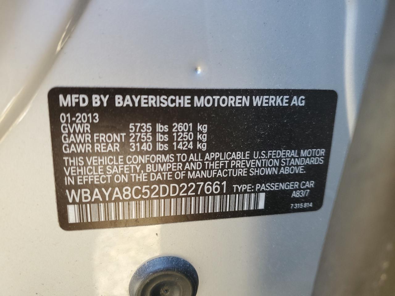 2013 BMW 750 I VIN: WBAYA8C52DD227661 Lot: 46436505