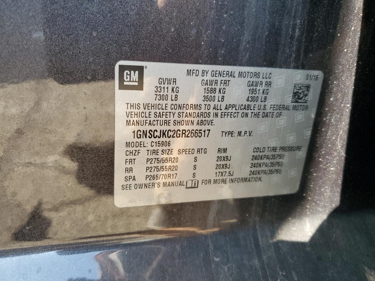 2016 Chevrolet Suburban C1500 Ltz VIN: 1GNSCJKC2GR266517 Lot: 44891525