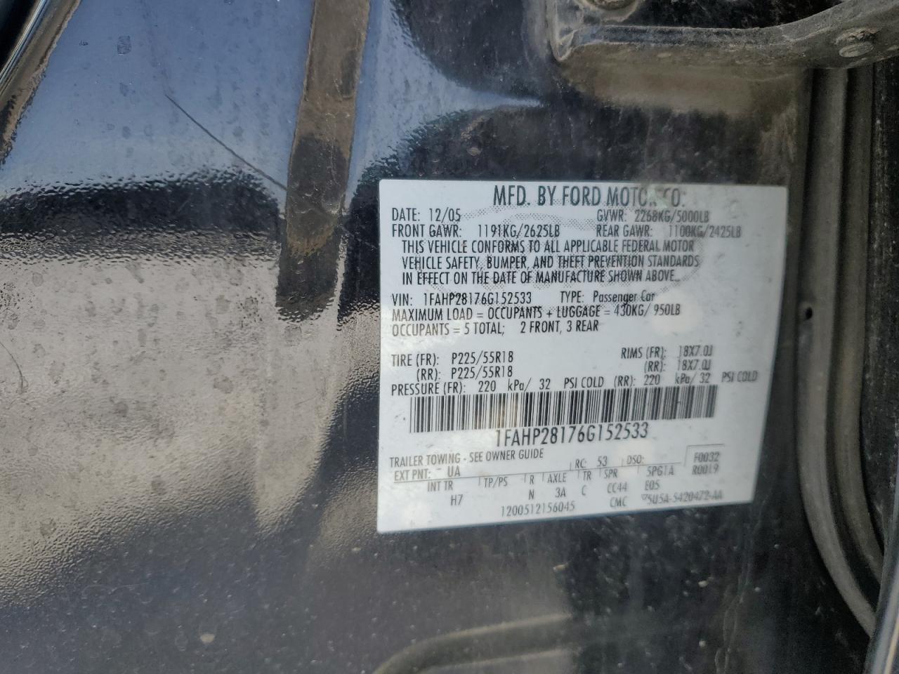 2006 Ford Five Hundred Limited VIN: 1FAHP28176G152533 Lot: 57301935