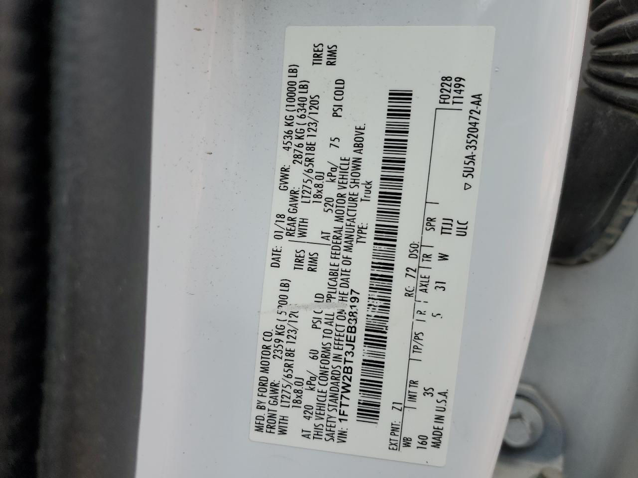 2018 Ford F250 Super Duty VIN: 1FT7W2BT3JEB38197 Lot: 89403185