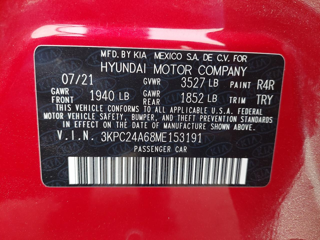 3KPC24A68ME153191 - 2021 HYUNDAI ACCENT - #45830115