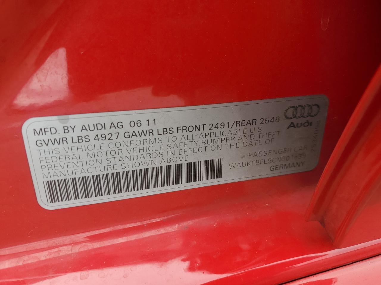 2012 Audi A4 Prestige VIN: WAUKFBFL9CN001639 Lot: 46303725