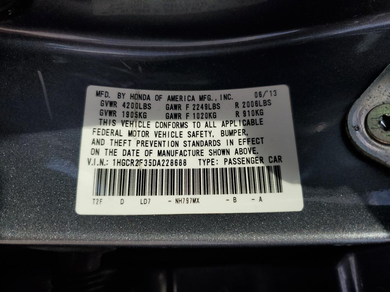 2013 Honda Accord Lx VIN: 1HGCR2F35DA228688 Lot: 43985375