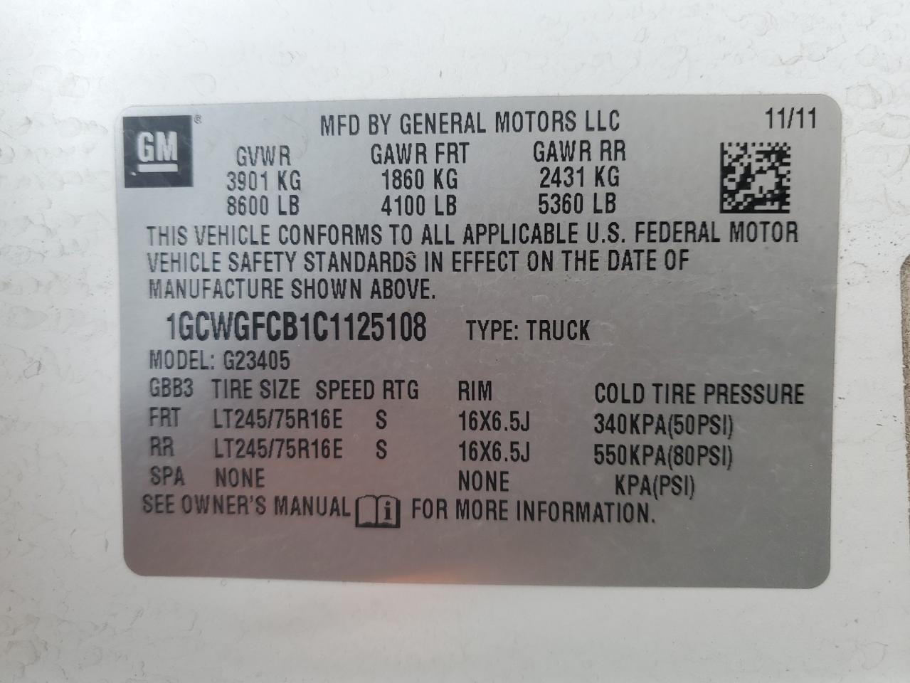 2012 Chevrolet Express G2500 VIN: 1GCWGFCB1C1125108 Lot: 44375805