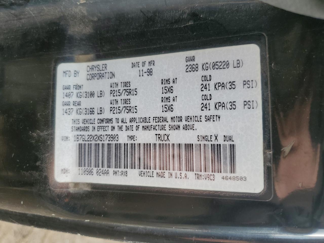 1999 Dodge Dakota VIN: 1B7GL22X2XS173903 Lot: 45182815