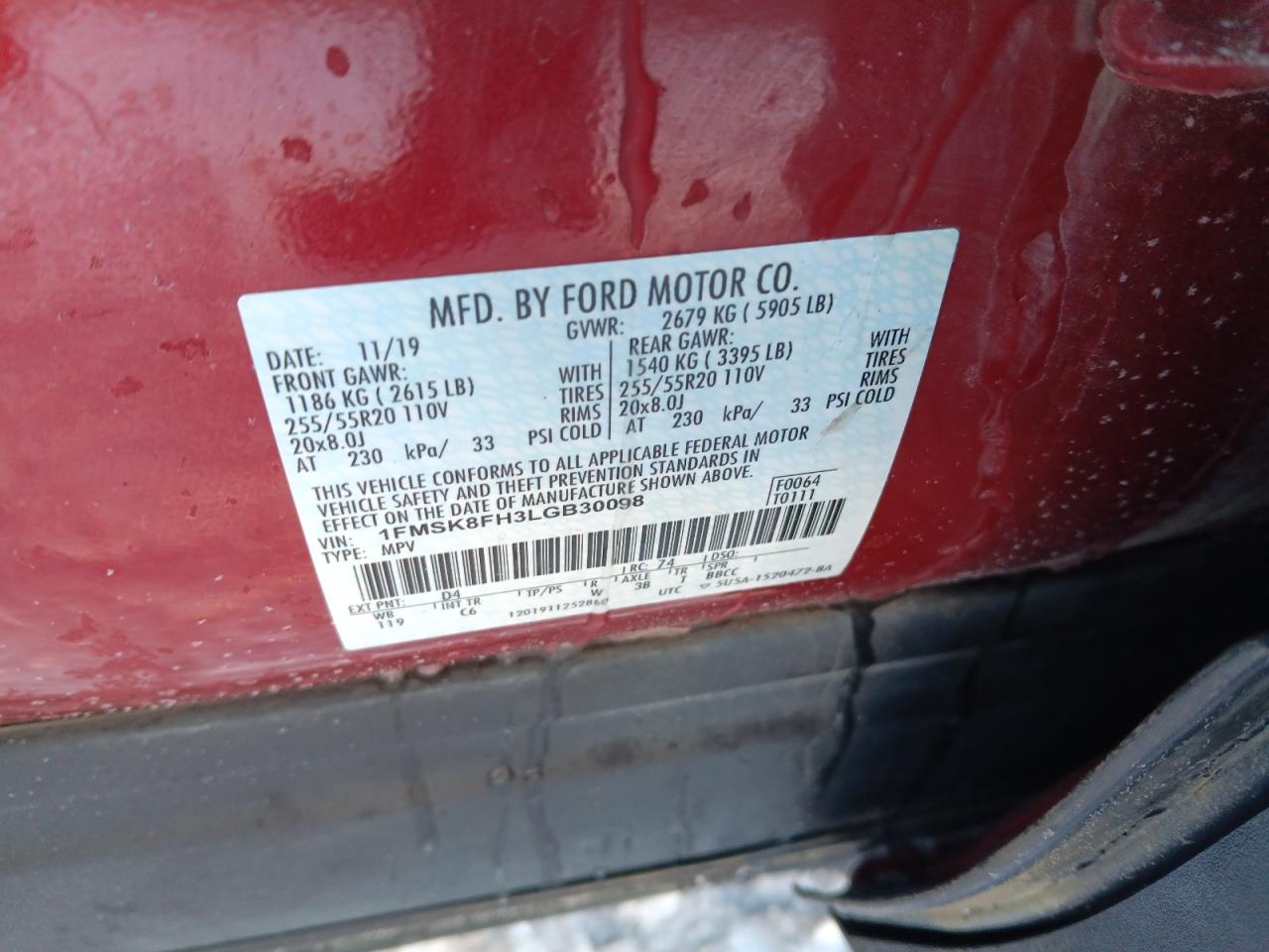 2020 Ford Explorer Limited VIN: 1FMSK8FH3LGB30098 Lot: 45038235