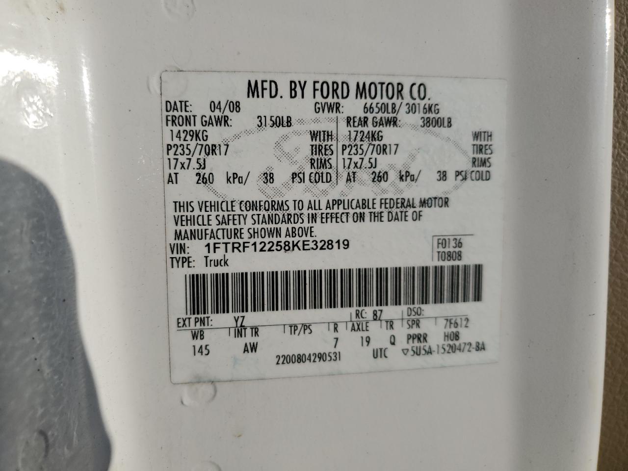 2008 Ford F150 VIN: 1FTRF12258KE32819 Lot: 47542795