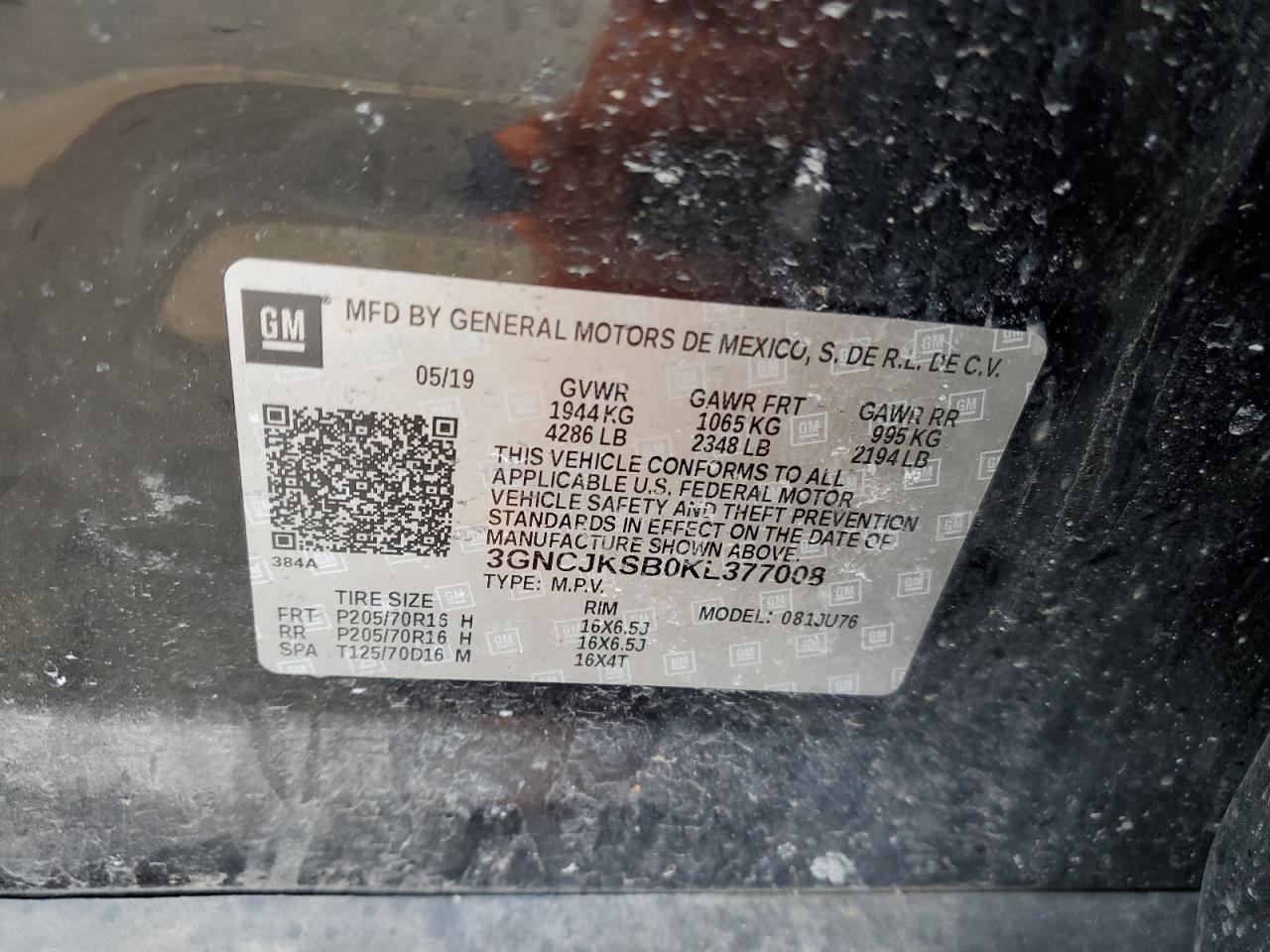 2019 Chevrolet Trax Ls VIN: 3GNCJKSB0KL377008 Lot: 46247995